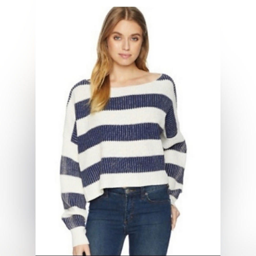 Free People Crop Top Blue White Off The Shoulder Sweater Size Large